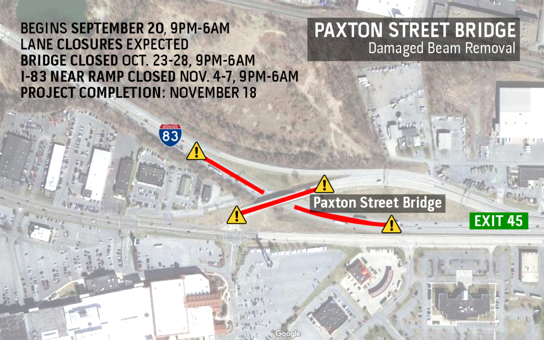 Construction to resume to remove damaged beam on Paxton Street Bridge over Interstate 83